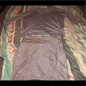 Purple shirt and purple/silver skirt!